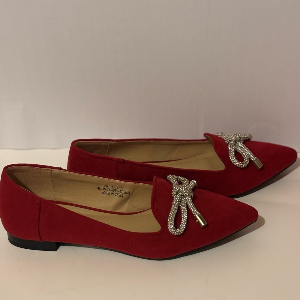 Women’s Red Pointed Toe Flats with Rhinestone Bow - Picture 6 of 7